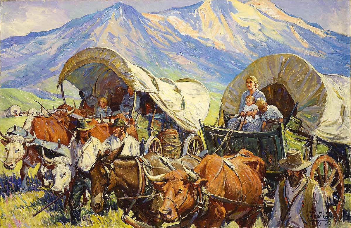 The placid look on these pioneers' faces belies the trials of traveling West. W.H.D. Koerner (1878-1938). "The Road to Oregon (Lone Travel, or Travel in Groups of a Few, as Andy Had Known it, Was Practically a Thing of the Past)," 1933. Oil on canvas. Gift of Ruth Koerner Oliver. 6.92.2