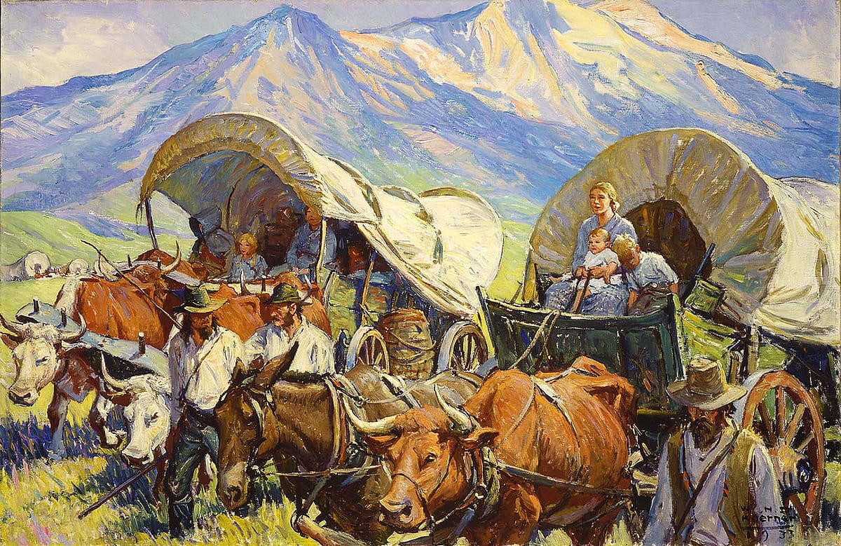 The placid look on these pioneers' faces belies the trials of traveling West. W.H.D. Koerner (1878-1938). "The Road to Oregon (Lone Travel, or Travel in Groups of a Few, as Andy Had Known it, Was Practically a Thing of the Past)," 1933. Oil on canvas. Gift of Ruth Koerner Oliver. 6.92.2