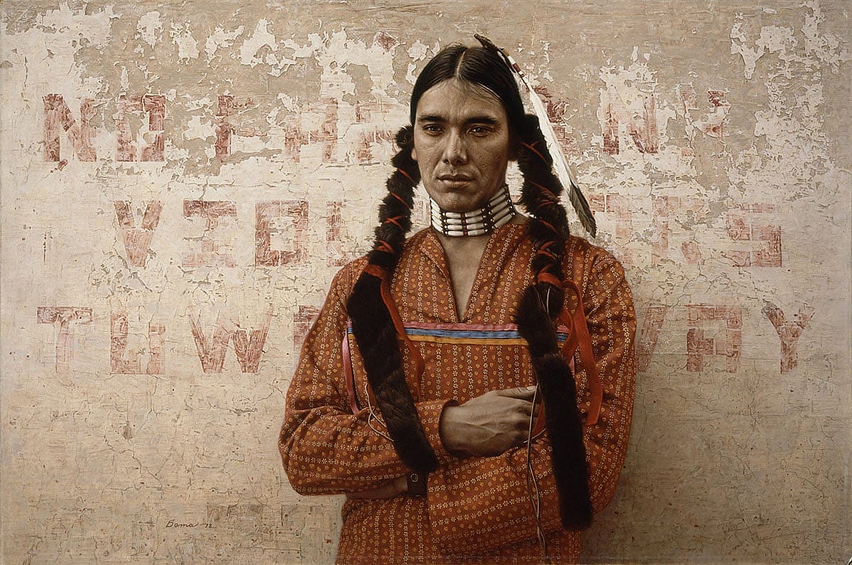 James Bama (b. 1926). "A Contemporary Sioux Indian," 1978. Oil on panel, 23.375 x 35.375 inches. William E. Weiss Contemporary Art Fund Purchase. 19.78