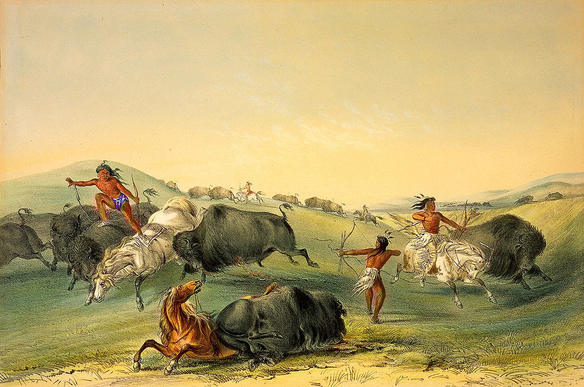 George Catlin (1796-1872). "Buffalo Hunt: A Numerous Group," ca. 1844. Hand-colored lithograph. Gift in memory of William J. Holcombe, Bear Creek Ranch, Dubois, Wyoming. 14.98
