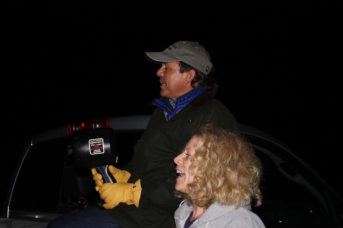 Golden Eagle Posse members Dave Beckett and Barb Grant prepare for one of our nighttime roadside rabbit surveys