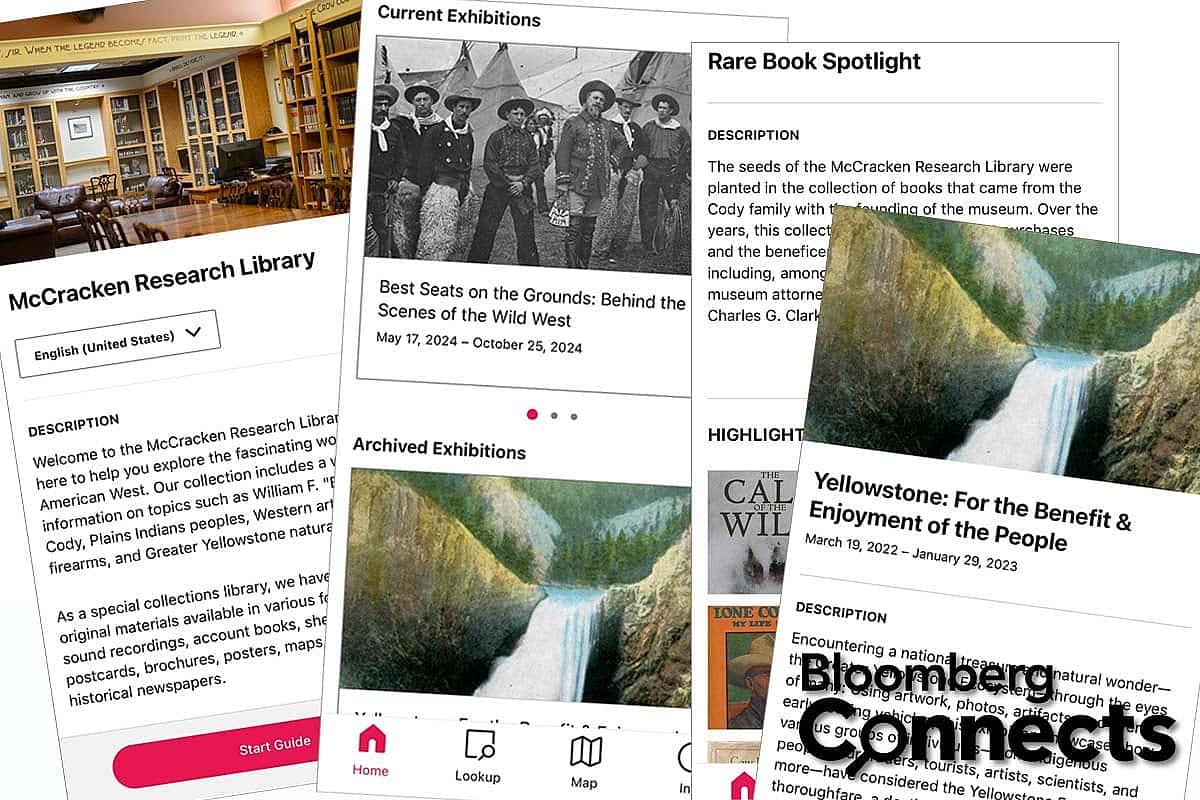 Collage of screenshots from McCracken Research Library's Bloomberg Connects digital guide.