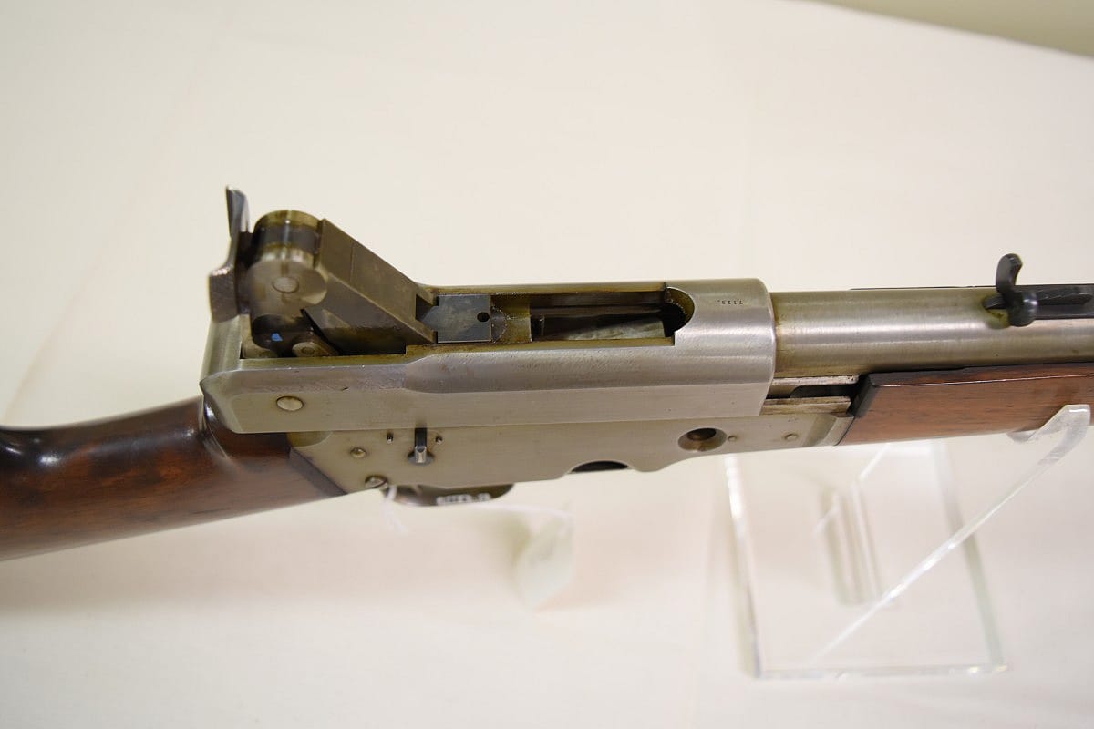 Close up of the carbine action open. Note that the bolt included a hold open on an empty magazine.