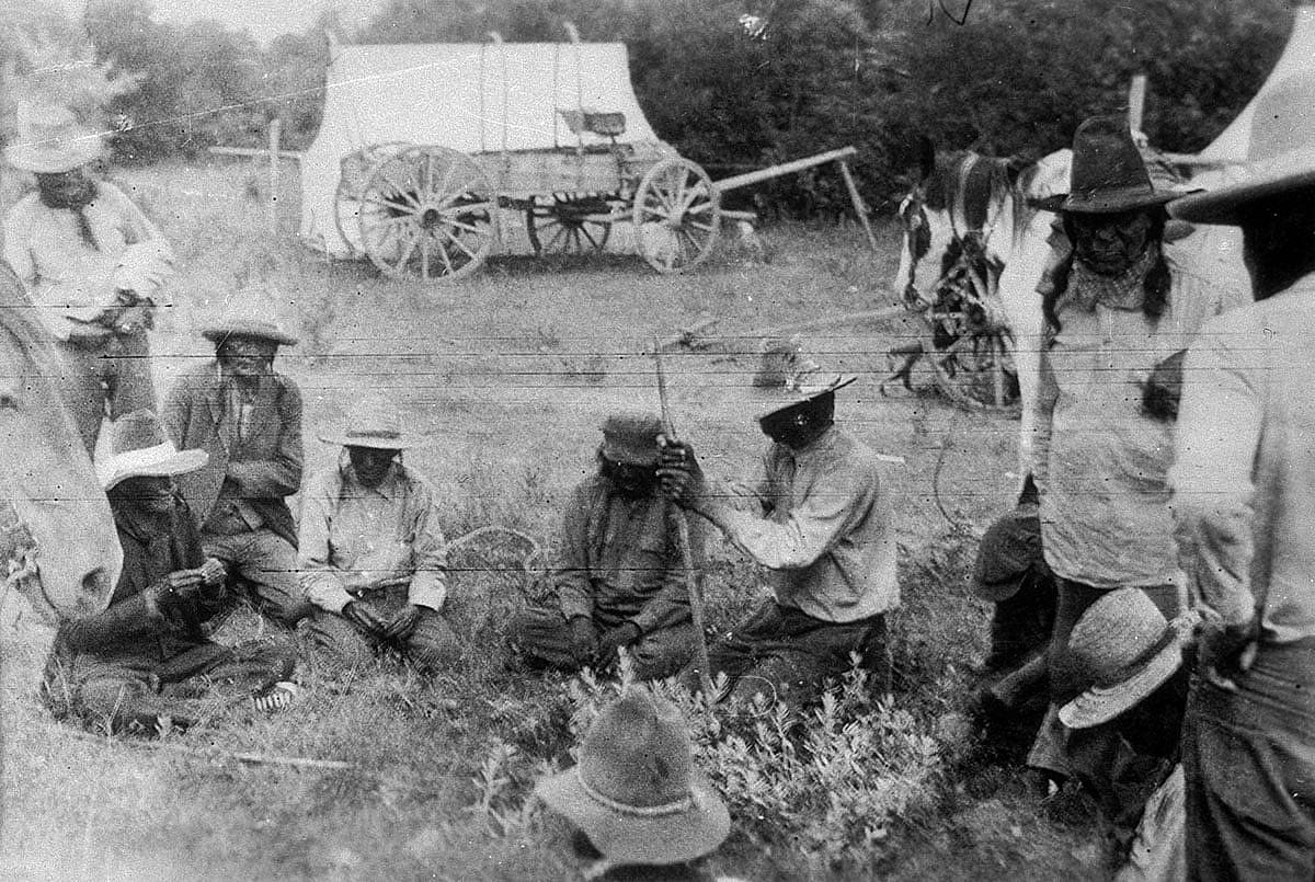 Cheyenne chiefs in council on the 50th anniversary of the Battle of Little Bighorn, July 26, 1926. MS 165 Thomas Marquis Native American Nitrate Negative Collection. PN.165.1.24