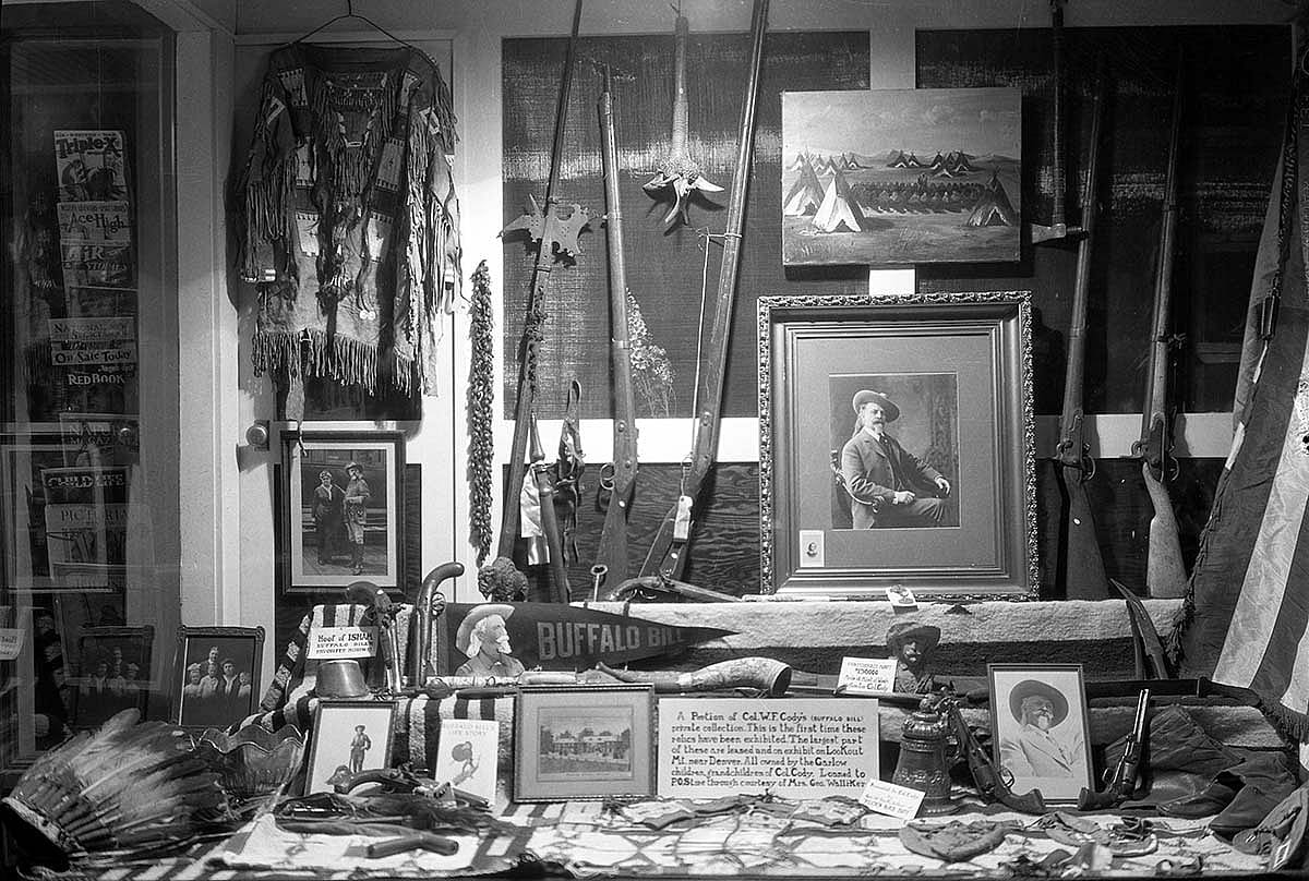 William F. "Buffalo Bill" Cody exhibit—including his firearms—in the original Buffalo Bill Museum, ca. 1930. MS 228 Buffalo Bill Museum Photographs Collection, McCracken Research Library. PN.228.156