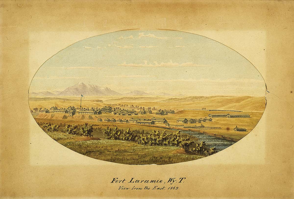 A German-born topographical artist, Anton Schonborn traveled to the West with exploring expeditions. In the 1860s, he made detailed drawings of the forts in the Wyoming Territory - including this watercolor of Fort Laramie in eastern Wyoming - possibly for use by the U.S. Army. Purchased with funds from Ann and Al Simpson. 8.91.1