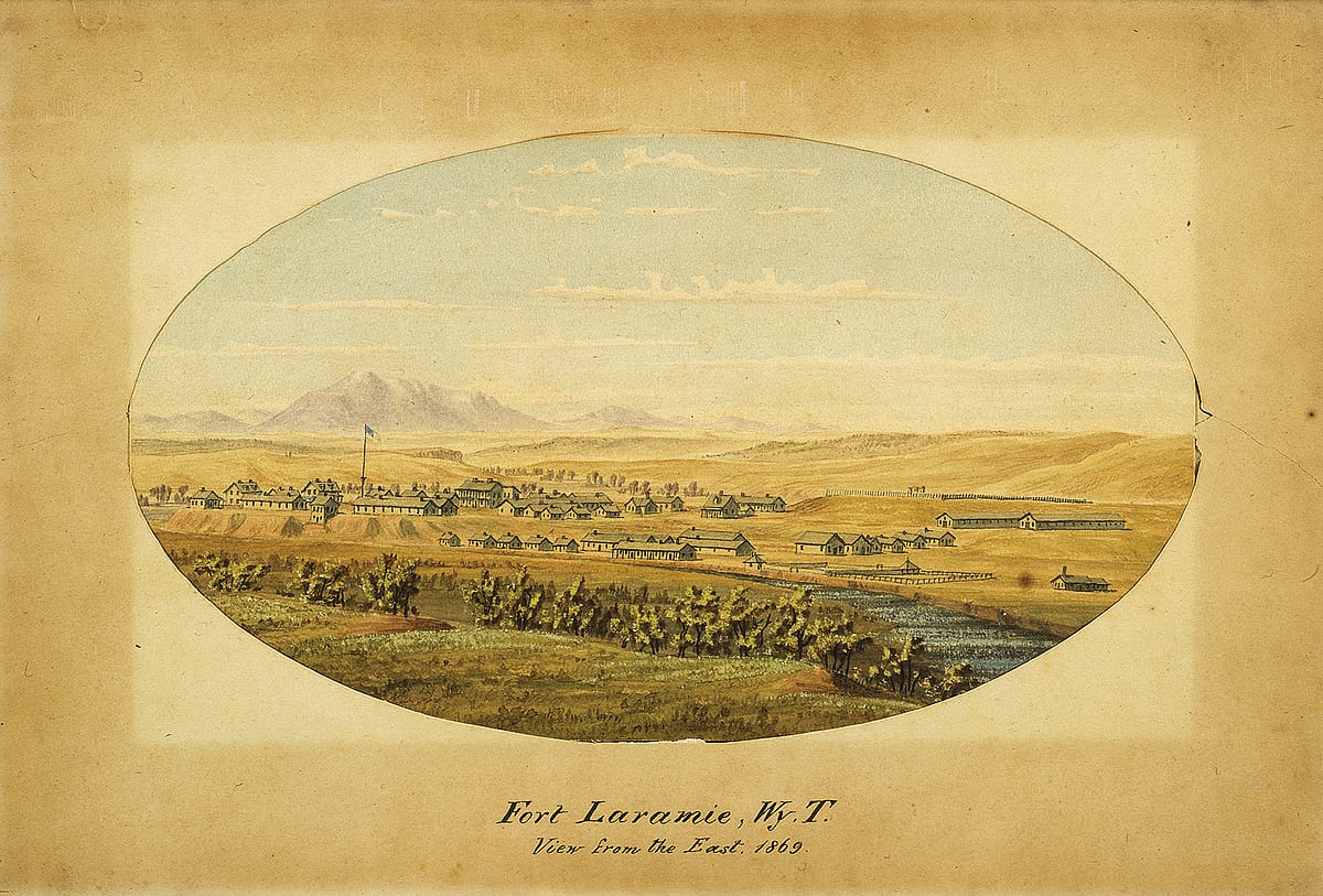 A German-born topographical artist, Anton Schonborn traveled to the West with exploring expeditions. In the 1860s, he made detailed drawings of the forts in the Wyoming Territory - including this watercolor of Fort Laramie in eastern Wyoming - possibly for use by the U.S. Army. Purchased with funds from Ann and Al Simpson. 8.91.1