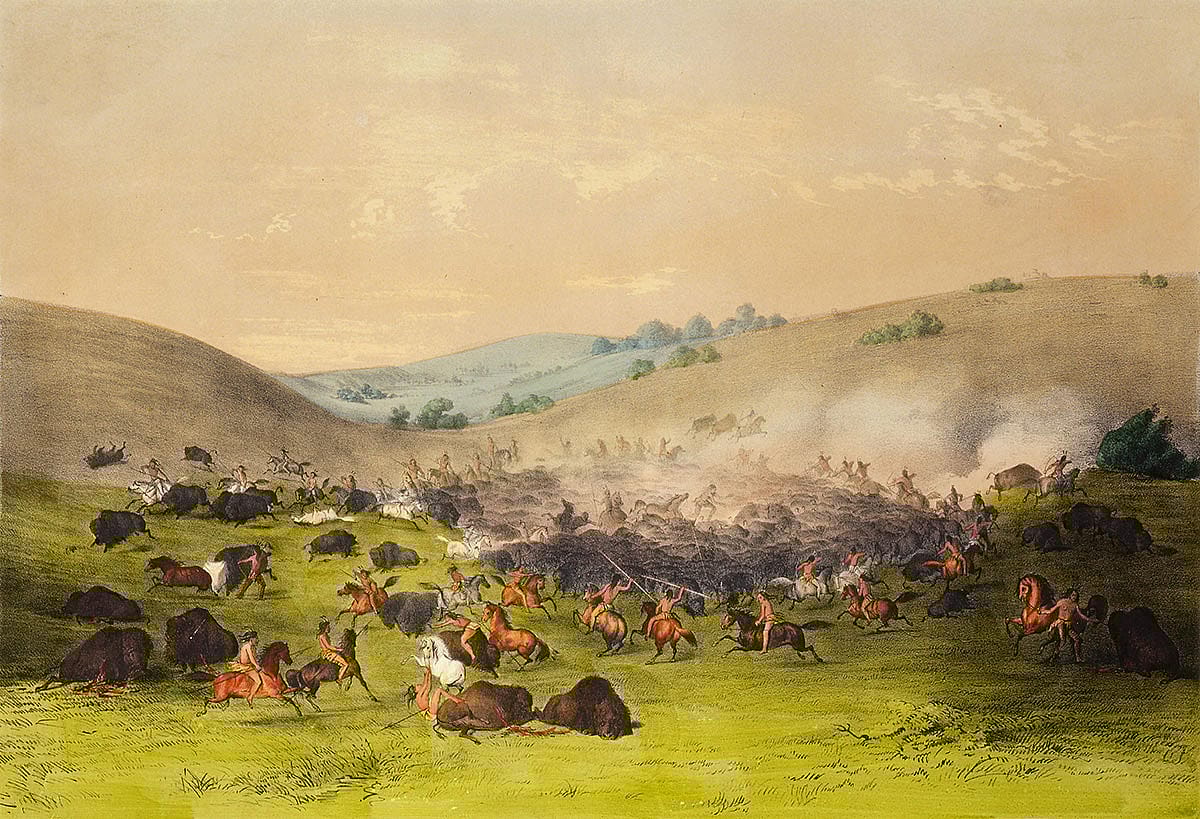 George Catlin (1796-1872). "The Buffalo Hunt-Surrounding the Herd," ca. 1865. Currier and Ives print. Gift of W.J. (Bill) Holcombe, Bear Creek Ranch, Dubois, Wyoming. 9.94.1