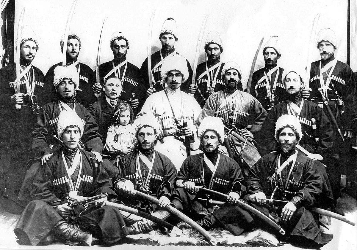 Georgian trick riders with weapons, 1903. Collection of Irakli Makharadze.
