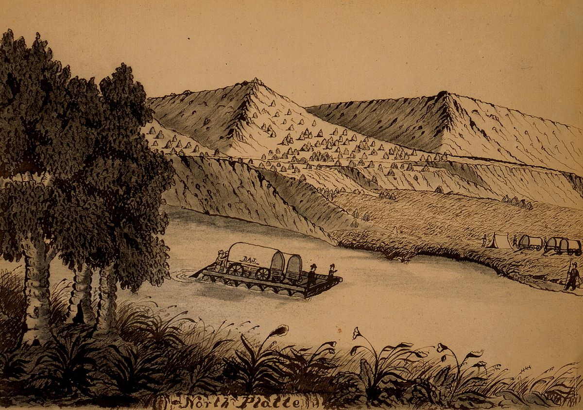 Madame Adventure was always "along for the ride" on the road West. Daniel Jenks's (1827-1869) account includes this 1859 sketch of the Platte River in central Wyoming. Library of Congress Prints and Photographs Division Washington, D.C. 20540 USA. LC-DIG-ppmsc-04815