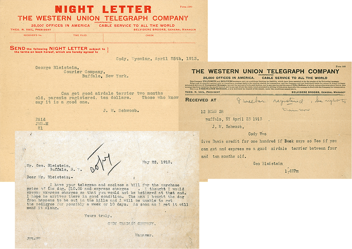 Telegrams and correspondence related to the purchase of an Airedale terrier. MS 407 Bronson Rumsey Collection, McCracken Research Library. MS407.1.16.01, .02, and .03