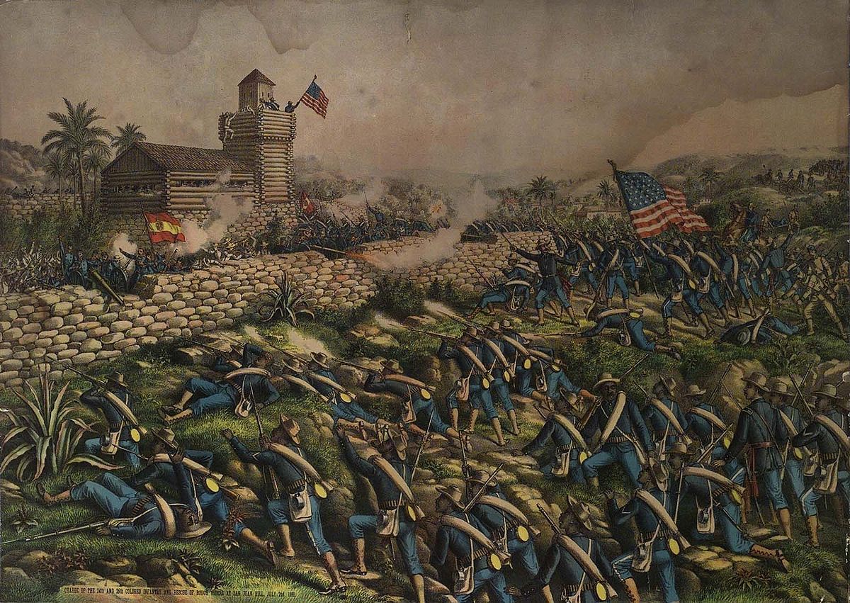 Lithograph, 1899: "Charge of the 24th and 25th Colored Infantry and Rescue of Rough Riders at San Juan Hill," July 2, 1898. Copyrighted 1899 by Kunz & Allison, 267-269 Wabash Ave., Chicago. 1.69.5750