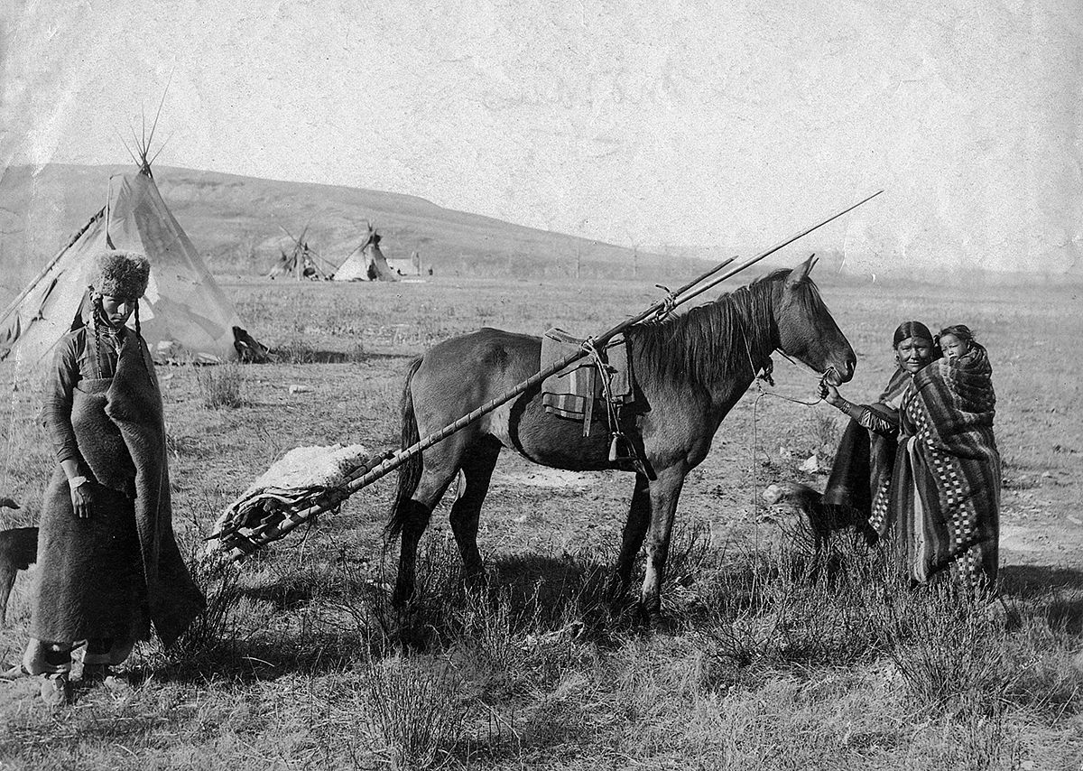 Cree woman carrying child and holding horse's lead rope while pulling travois. MS 35 North American Indian Photograph Collection. P.35.121