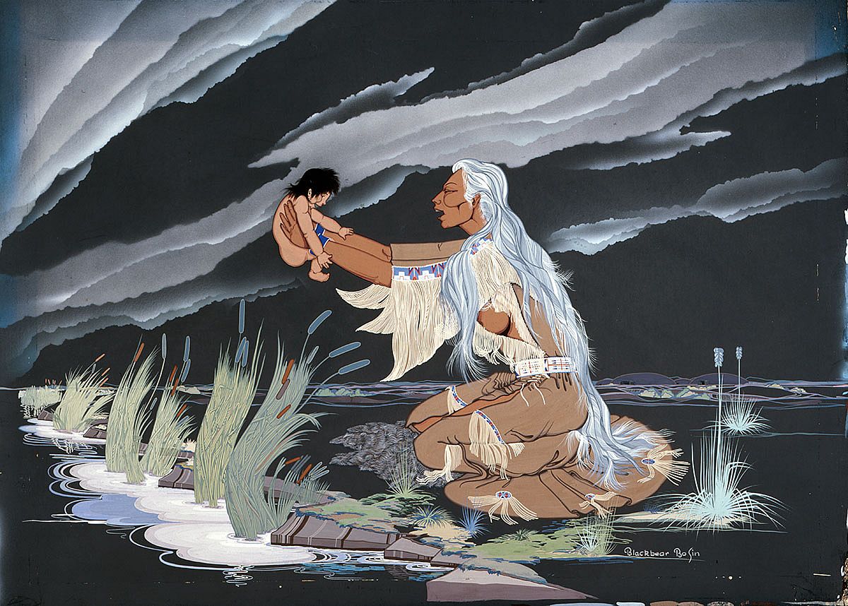 Blackbear Bosin (1921-1980). "Mandan Mother and Child," ca. 1963. Gouache on illustration board, 28.375 x 39.875 inches. Gift of Mr. and Mrs. Robert Wallick in memory of Wallace C. Ford. 13.74