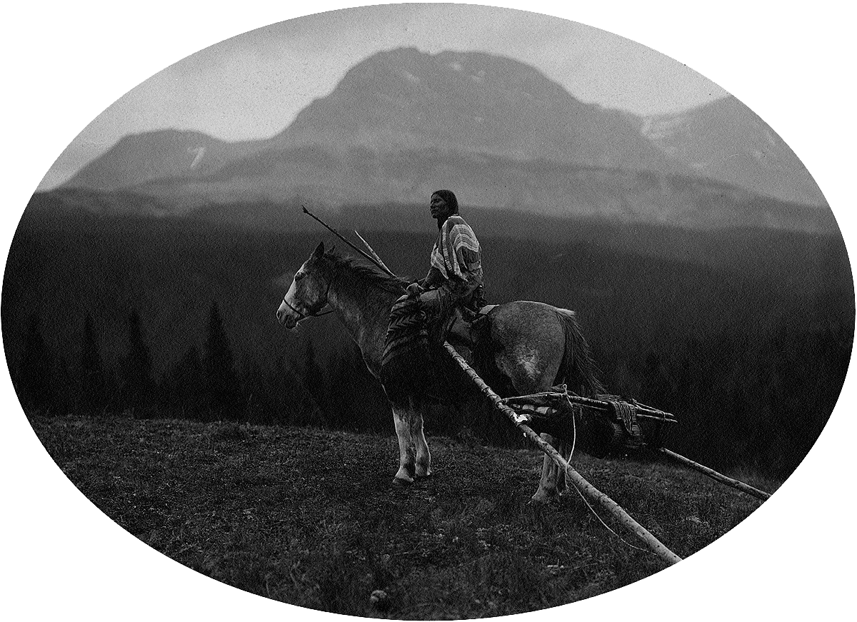 On the trail with horse pulling travois. MS 35 North American Indian Photograph Collection. P.35.180