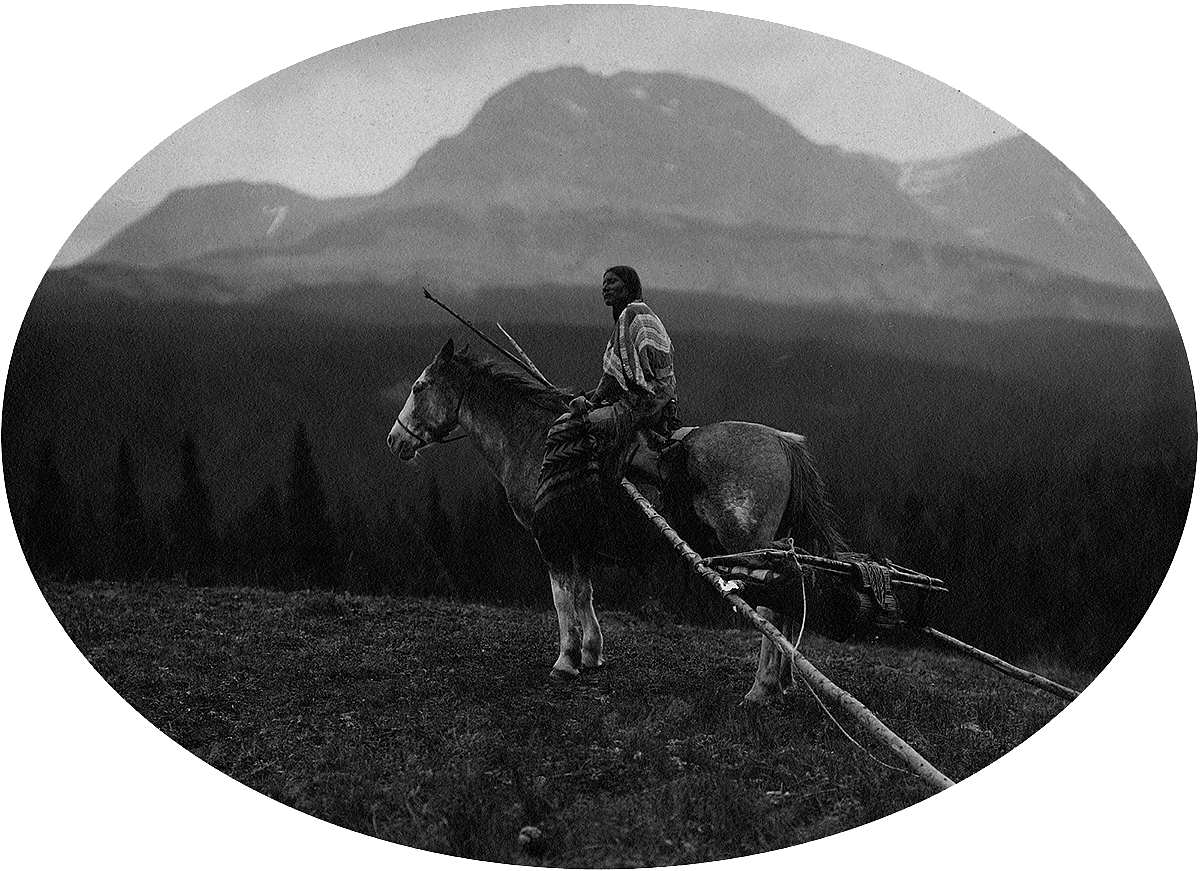 On the trail with horse pulling travois. MS 35 North American Indian Photograph Collection. P.35.180
