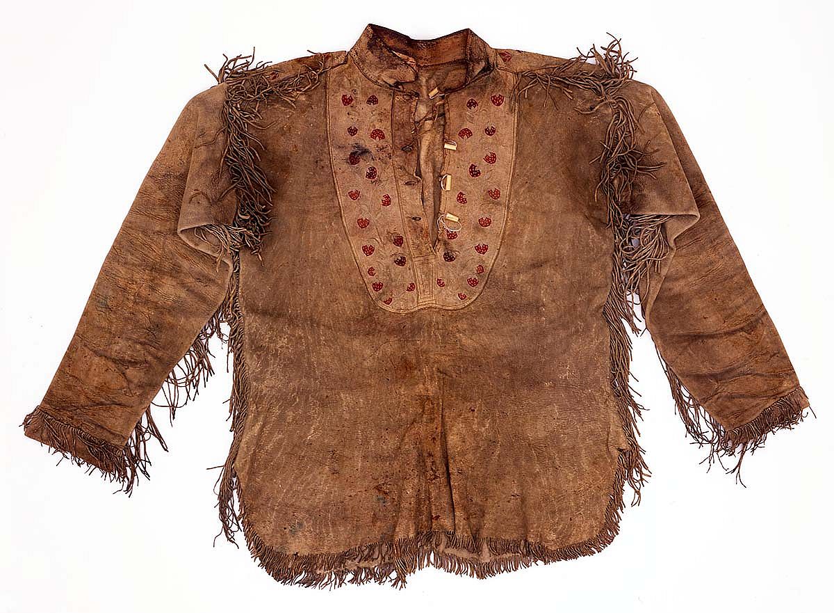 Items such as this give a sense of the artist's life. Buckskin shirt, ca.1885-1895. Tanned buckskin, embroidery, metal cones. Gift of the A. Phimister Proctor Museum with special thanks to Sandy and Sally Church. 1.69.5792.1