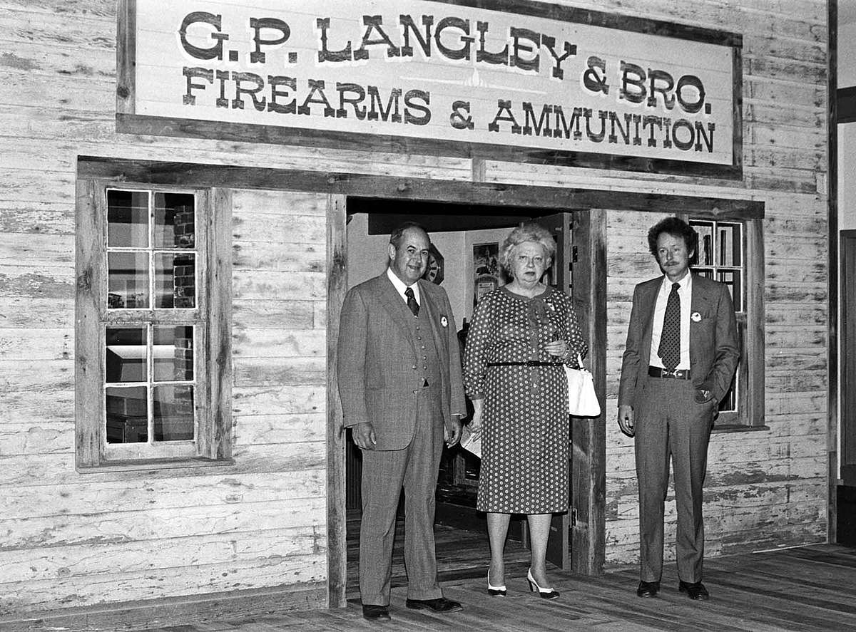 Attending the July 4, 1976, opening of the Center's then Winchester Arms Museum are (L-R) Wyoming Governor Stan Hathaway, Trustee Chair Margaret "Peg" Coe, and Executive Director Peter Hassrick. P.20.4649