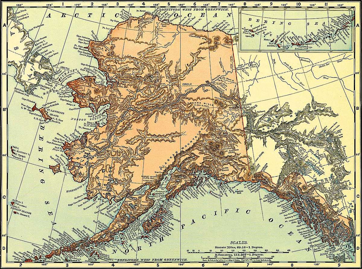 A map of Alaska Territory in 1895. Note the coastal region, with densely identified natural features or settlements, and the relatively blank interior.