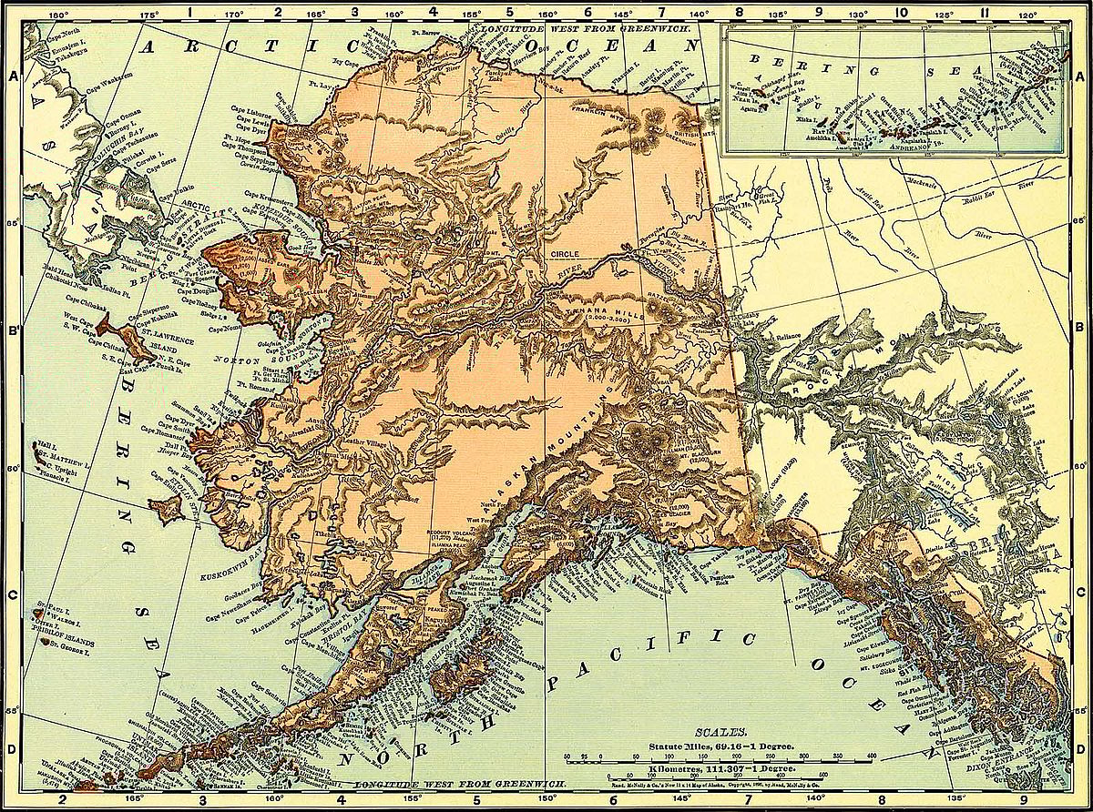 A map of Alaska Territory in 1895. Note the coastal region, with densely identified natural features or settlements, and the relatively blank interior.