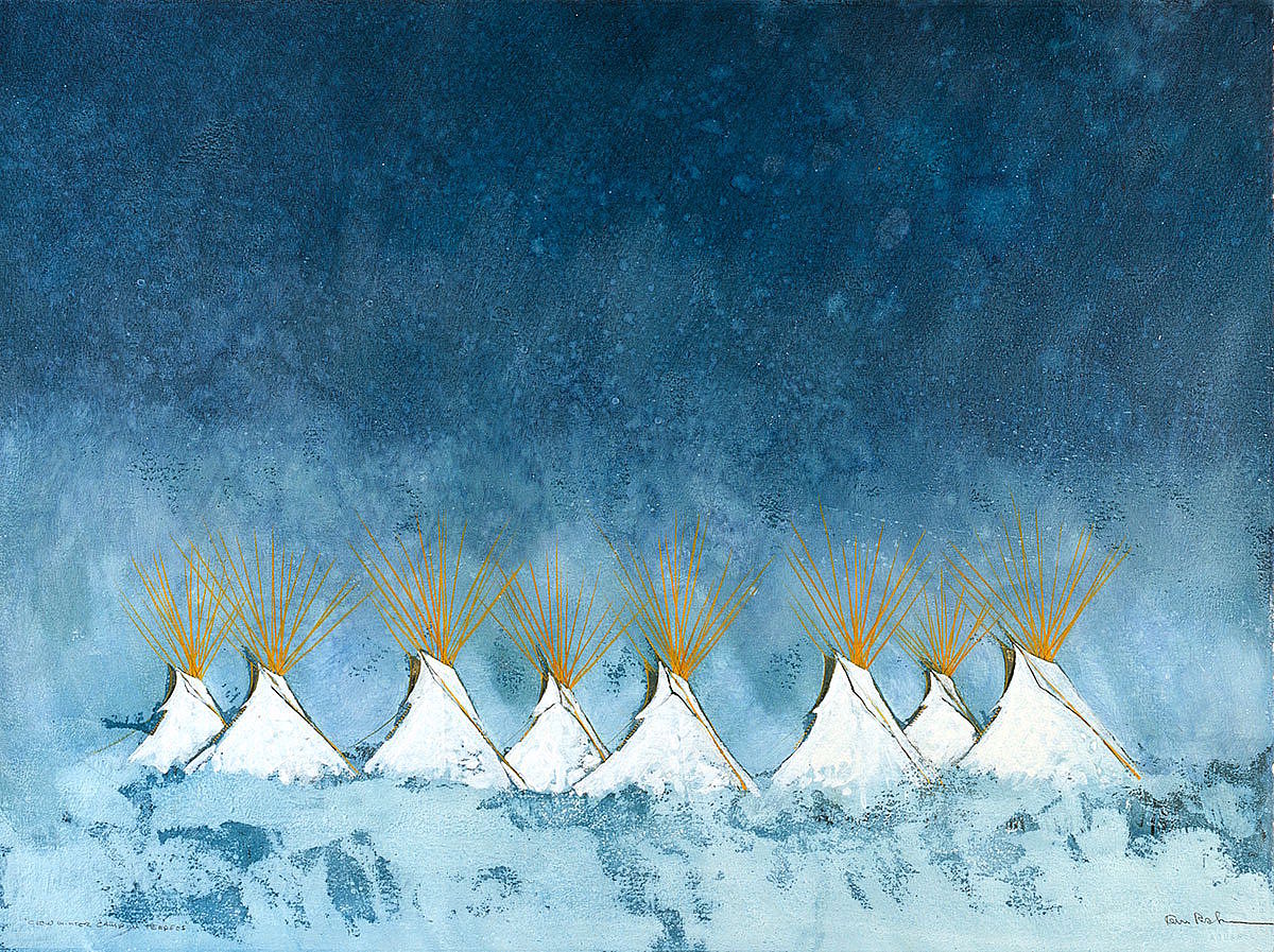 Kevin Red Star (b. 1943). "Crow Winter Camp in Teepees," 1999. Oil on paper, 22.625 x 30.25 inches. William E. Weiss Memorial Fund Purchase. 15.99.4