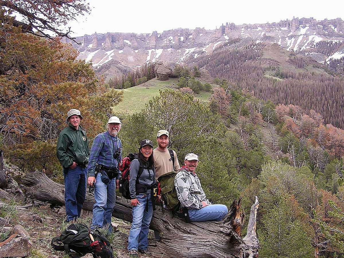 Members of the 2004 Carter Mountain field crew. L to R: Erik Reynolds, John Campbell, Ayako Yamamoto, Ronnie Hegemann, Charles Preston. Photo by Lynne Otto.