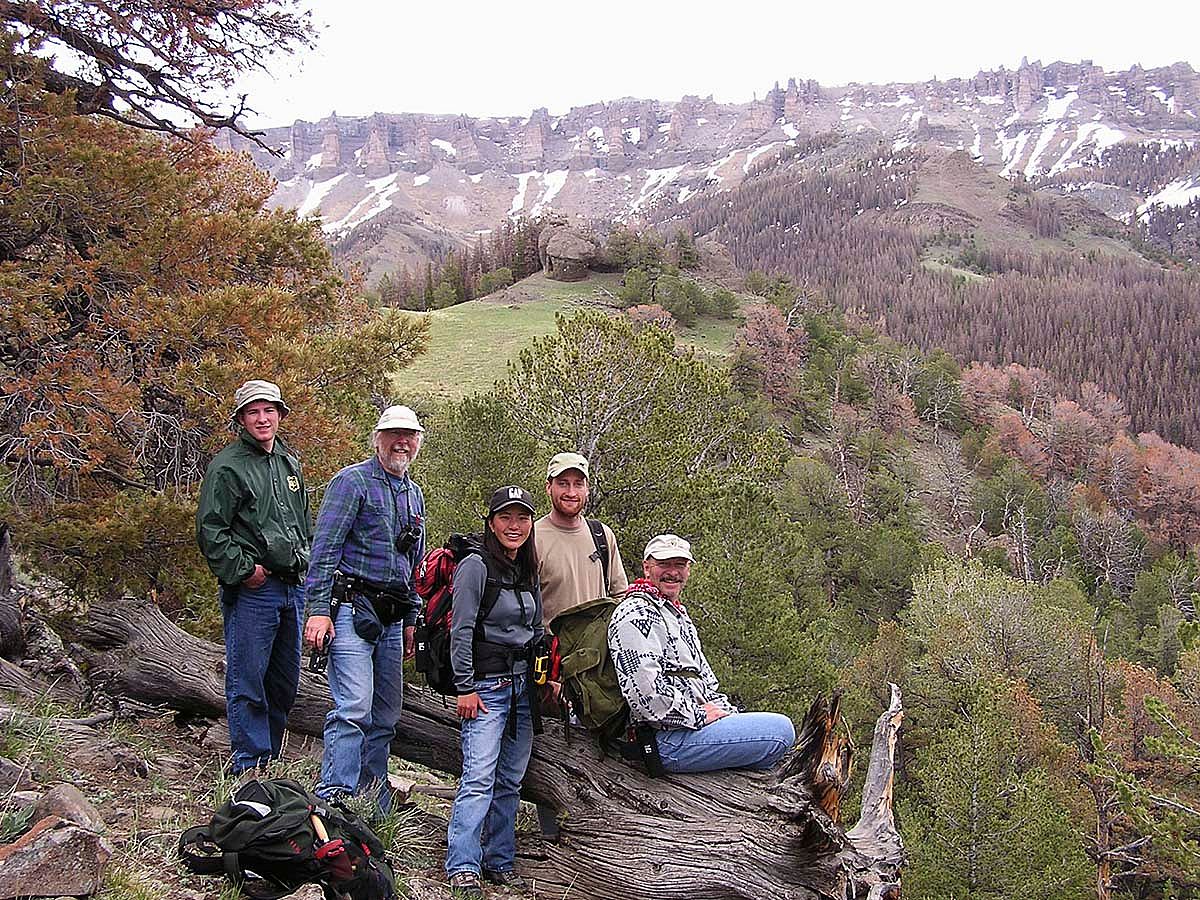 Members of the 2004 Carter Mountain field crew. L to R: Erik Reynolds, John Campbell, Ayako Yamamoto, Ronnie Hegemann, Charles Preston. Photo by Lynne Otto.