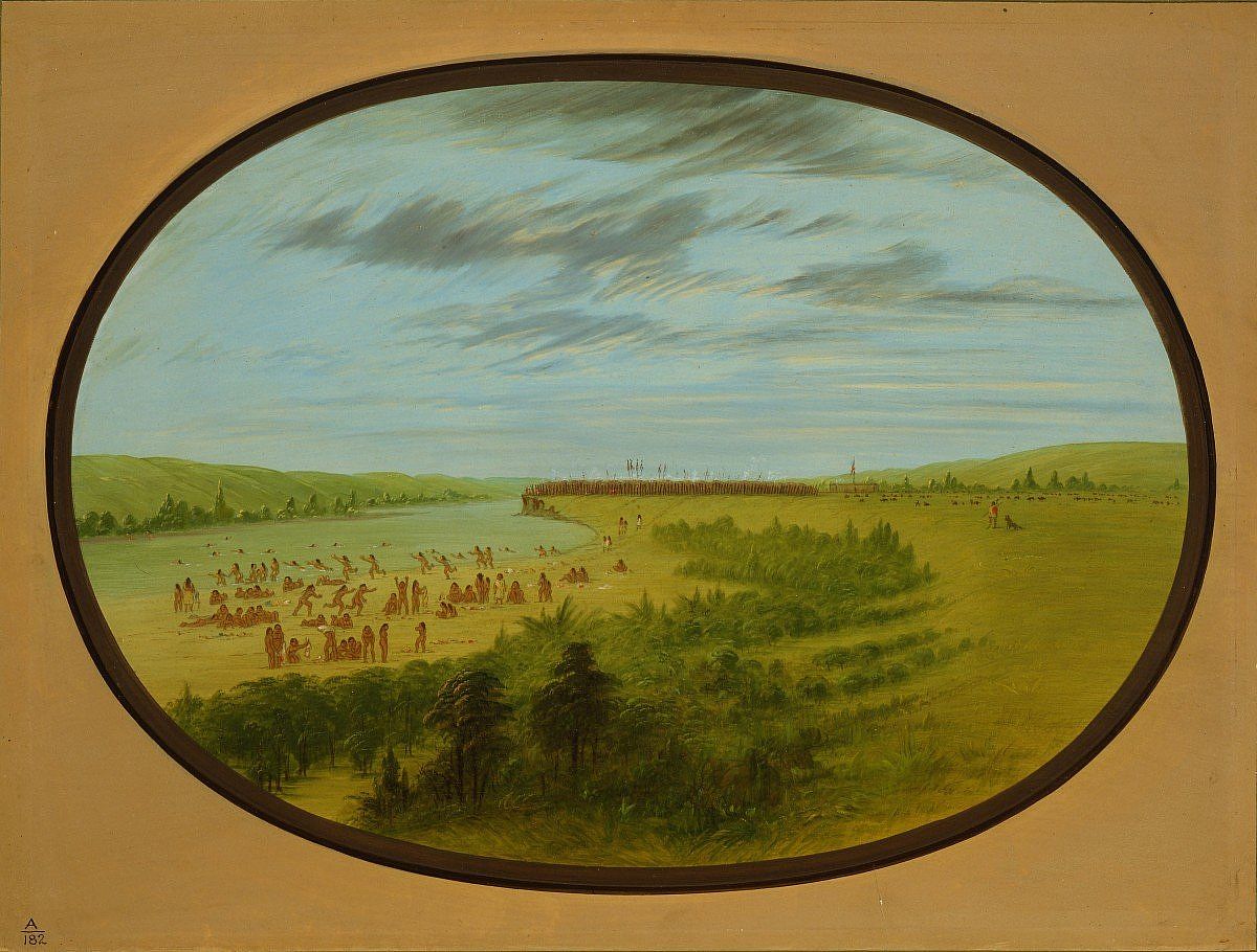 George Catlin (1796-1872), Mandan Village, Mandan-View of the Missouri above the village whilst the women and children are bathing, ca. 1855-1870, oil on paperboard, Gift of Paul Mellon, 25.86.