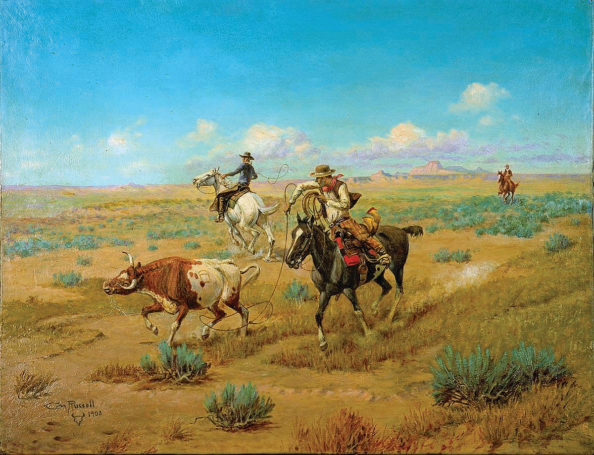 Fig. 10: Olaf C. Seltzer (1857-1977). Untitled (cowboys roping a steer on the plains), 1903. Oil on canvas. 20.75 x 26.625 inches. Gift of Mr. and Mrs. I.H. "Larry" Larom. 22.74
