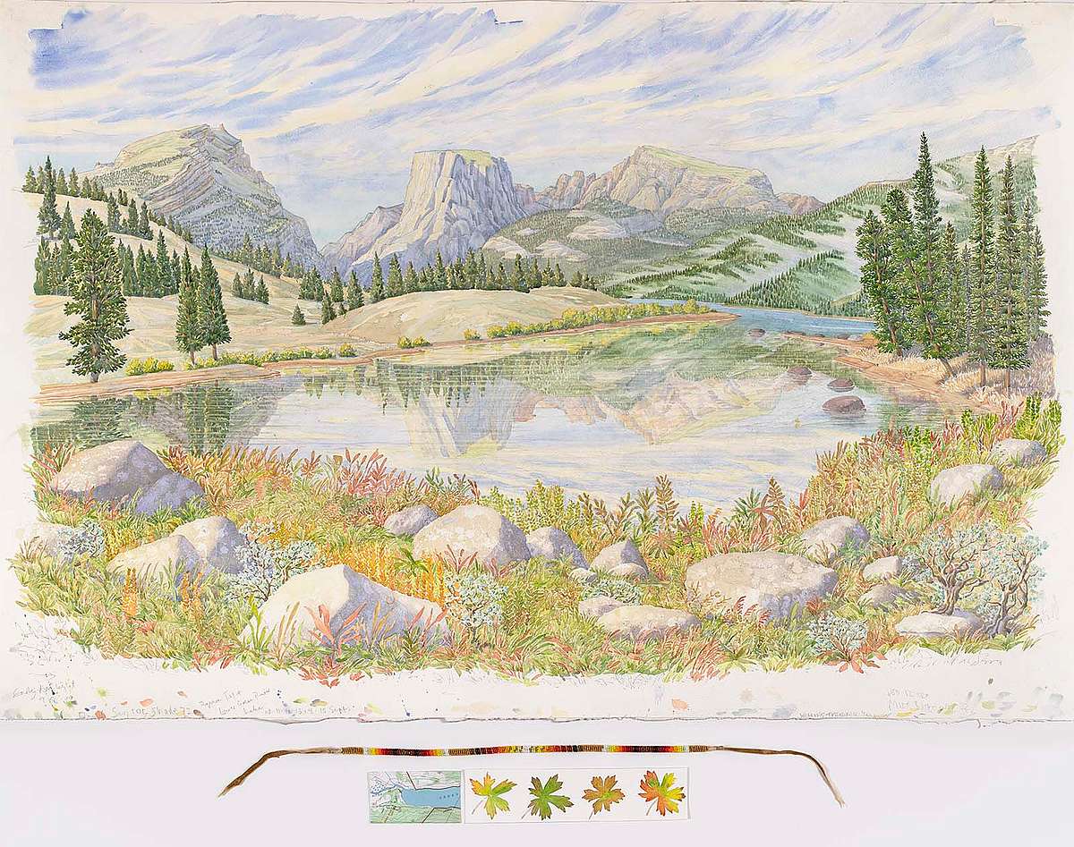 Tony Foster (b. 1946, Lincolnshire, England). “From Lower Green River Lake Looking South South East to Squaretop,” 2022. Graphite and watercolour on paper, with glass bead necklace by Chastity Teton, map, 45 ½ x 58 ½ inches. Collection of The Foster Museum.
