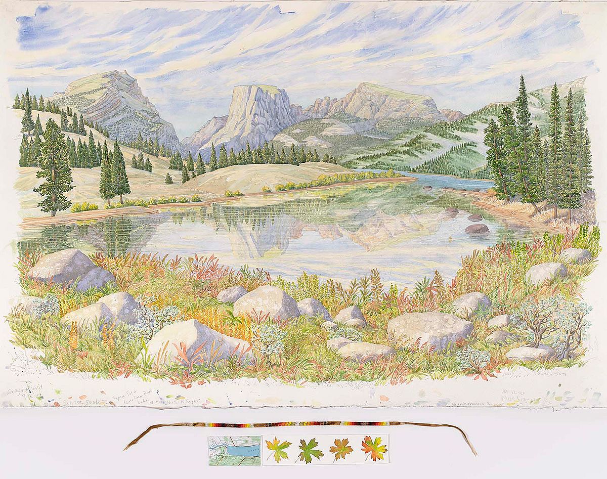 Tony Foster (b. 1946, Lincolnshire, England). “From Lower Green River Lake Looking South South East to Squaretop,” 2022. Graphite and watercolour on paper, with glass bead necklace by Chastity Teton, map, 45 ½ x 58 ½ inches. Collection of The Foster Museum.