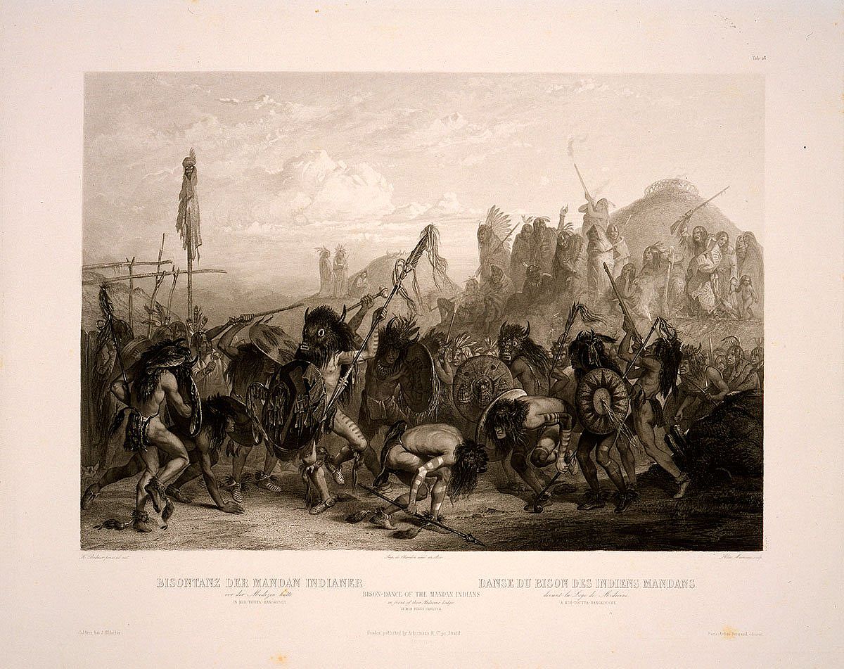 Karl Bodmer (1809-1893). "Bison-Dance of the Mandan Indians/In Front of Their Medicine Lodge," ca. 1840-1843. Aquatint, 16.375 x 21.375 inches. Gift of Clara S. Peck. 21.69.18