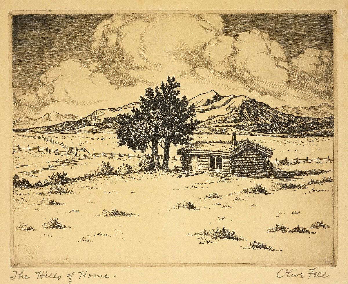 The Hills of Home. date unknown, etching on paper. Gift in Memory of Elmer (Forest Ranger at Wapiti, 1838-1946) and Ruth Miller. 2.06.3