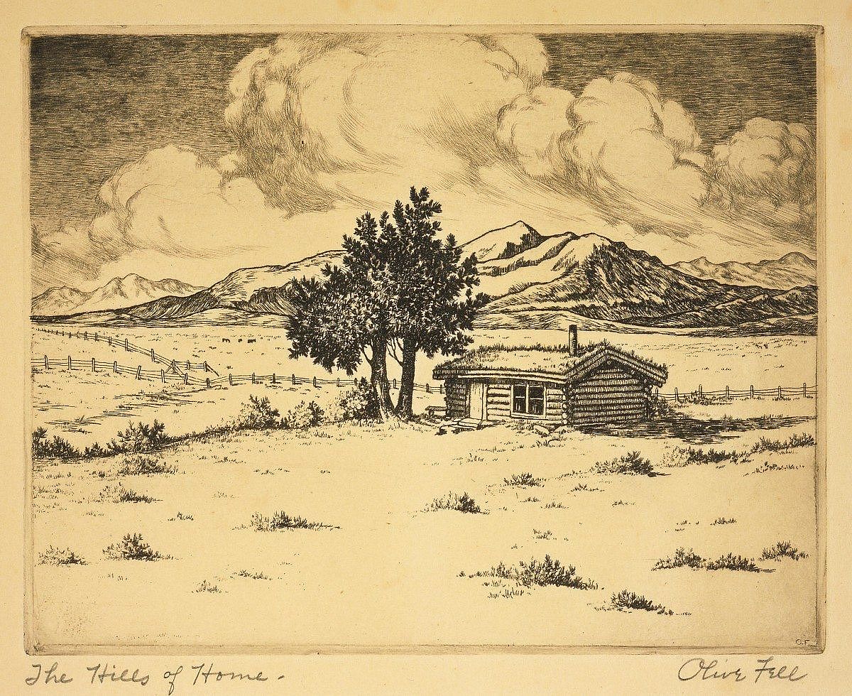 The Hills of Home. date unknown, etching on paper. Gift in Memory of Elmer (Forest Ranger at Wapiti, 1838-1946) and Ruth Miller. 2.06.3