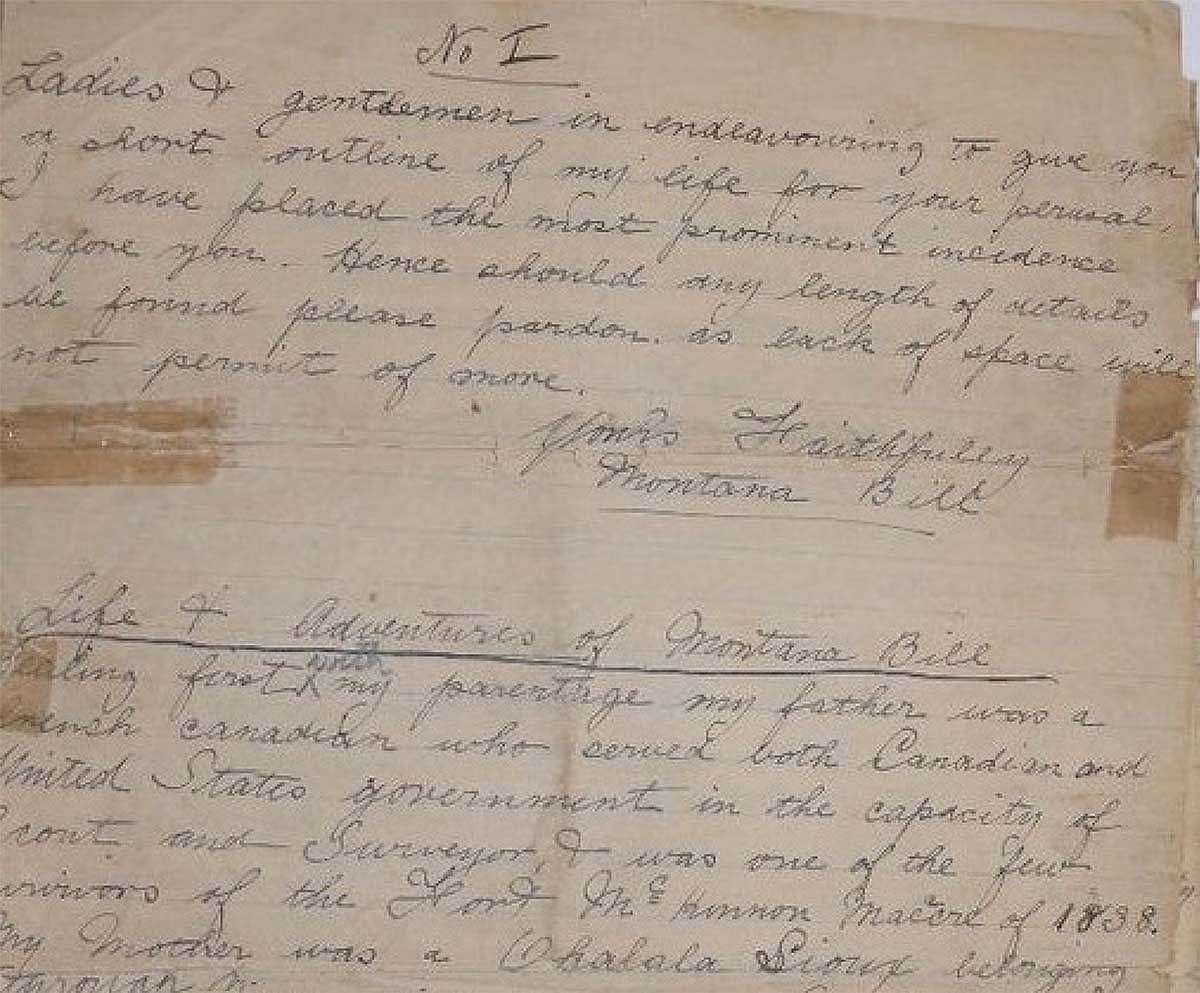 Detail of Montana Bill's handwritten autobiography, beginning with, "Ladies & gentlemen in endeavouring to give you a short outline of my life for your perusal, I have placed the most prominent incidence[s] before you. Hence should any length of details be found please pardon as lack of space will not permit of more. Yours Faithfully, Montana Bill." Courtesy Tom F. Cunningham at snbba.co.uk.