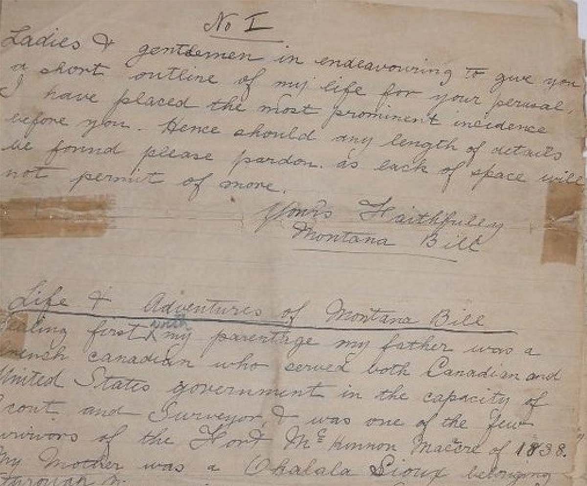 Detail of Montana Bill's handwritten autobiography, beginning with, "Ladies & gentlemen in endeavouring to give you a short outline of my life for your perusal, I have placed the most prominent incidence[s] before you. Hence should any length of details be found please pardon as lack of space will not permit of more. Yours Faithfully, Montana Bill." Courtesy Tom F. Cunningham at snbba.co.uk.