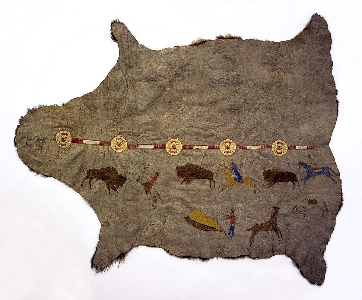 Decorated buffalo hide, ca. 1875. Hidatsa, Northern Plains. Bison hide, porcupine quills, pigment. Gift of Mr. William L. Cone. NA.702.30