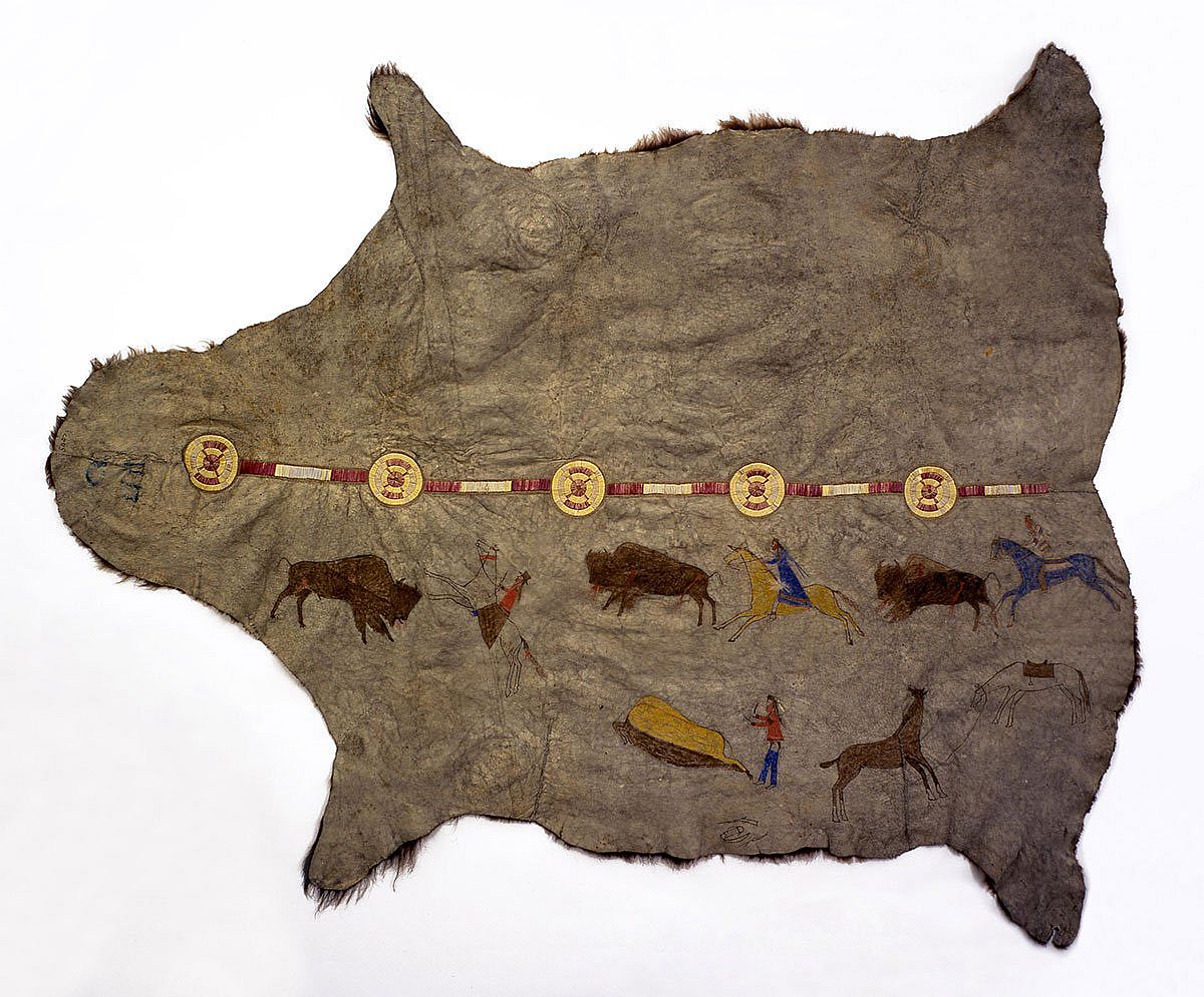 Decorated buffalo hide, ca. 1875. Hidatsa, Northern Plains. Bison hide, porcupine quills, pigment. Gift of Mr. William L. Cone. NA.702.30