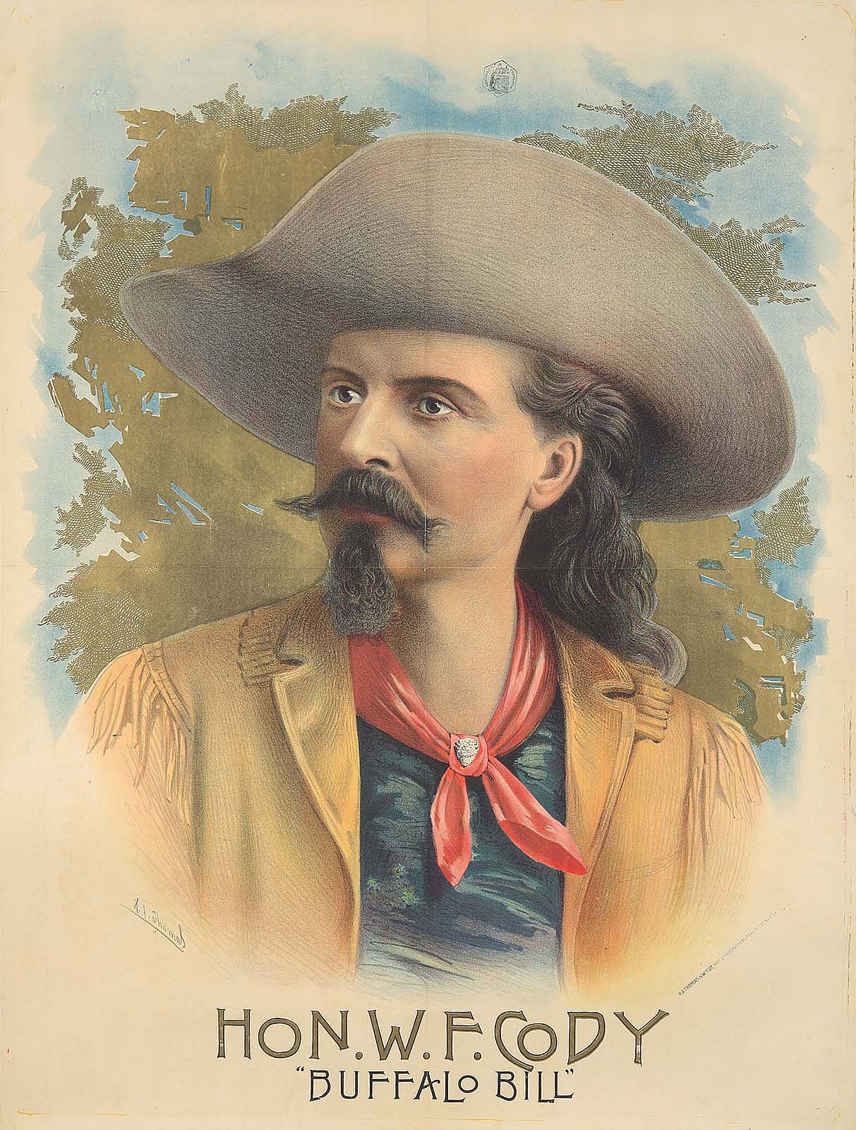 Man with wide-brimmed cowboy hat, kerchief, mustache, and goatee. Text reads Hon. W.F. Cody "Buffalo Bill"