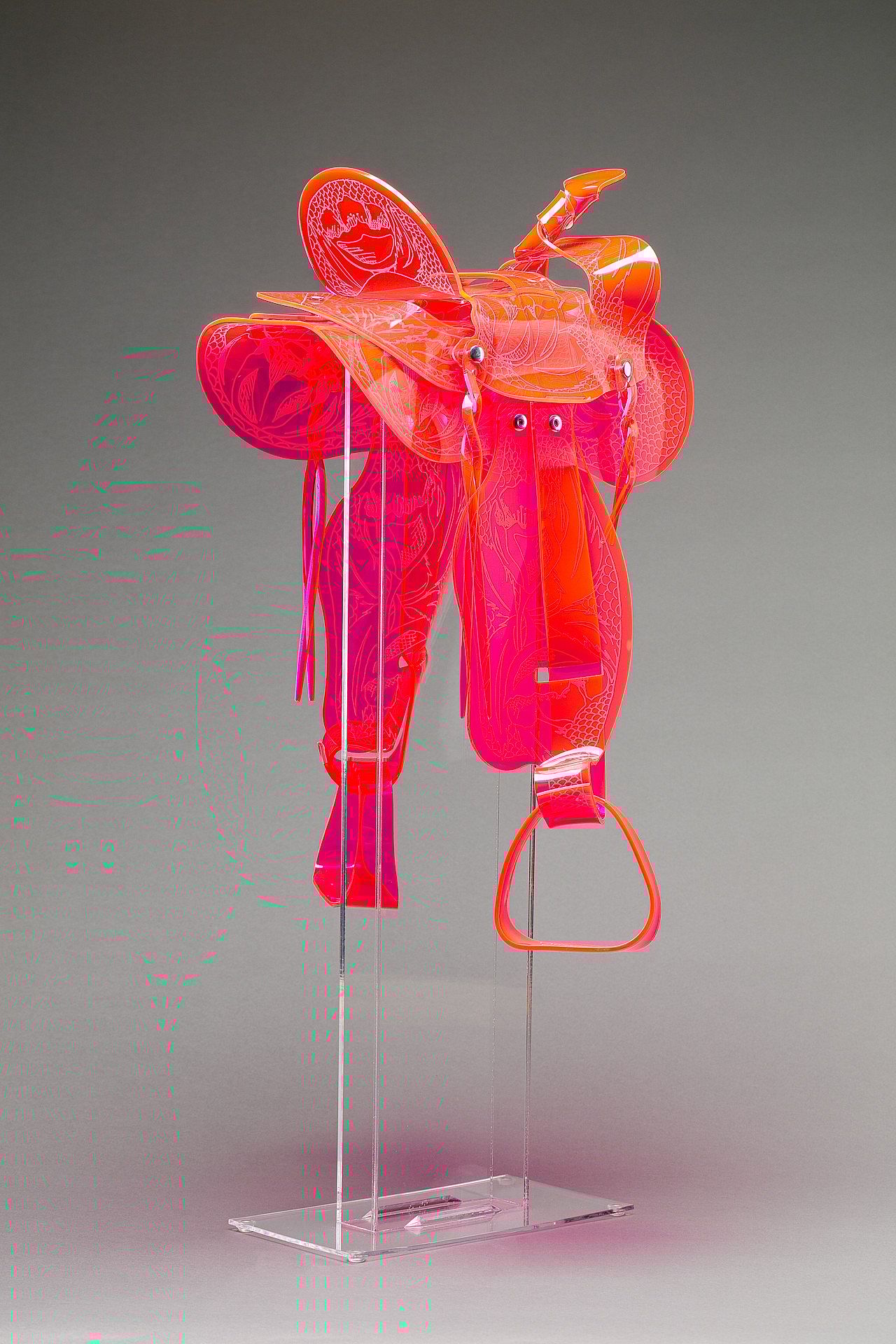 Neon Pink Plexiglass Saddle by Maeve Eichelberger