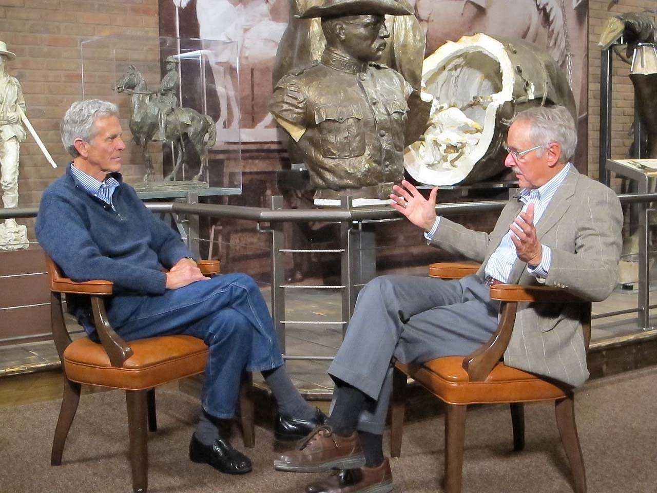 Peter Hassrick (right) interviews Sandy Church in the Proctor Studio re-creation in the Whitney Western Art Museum.