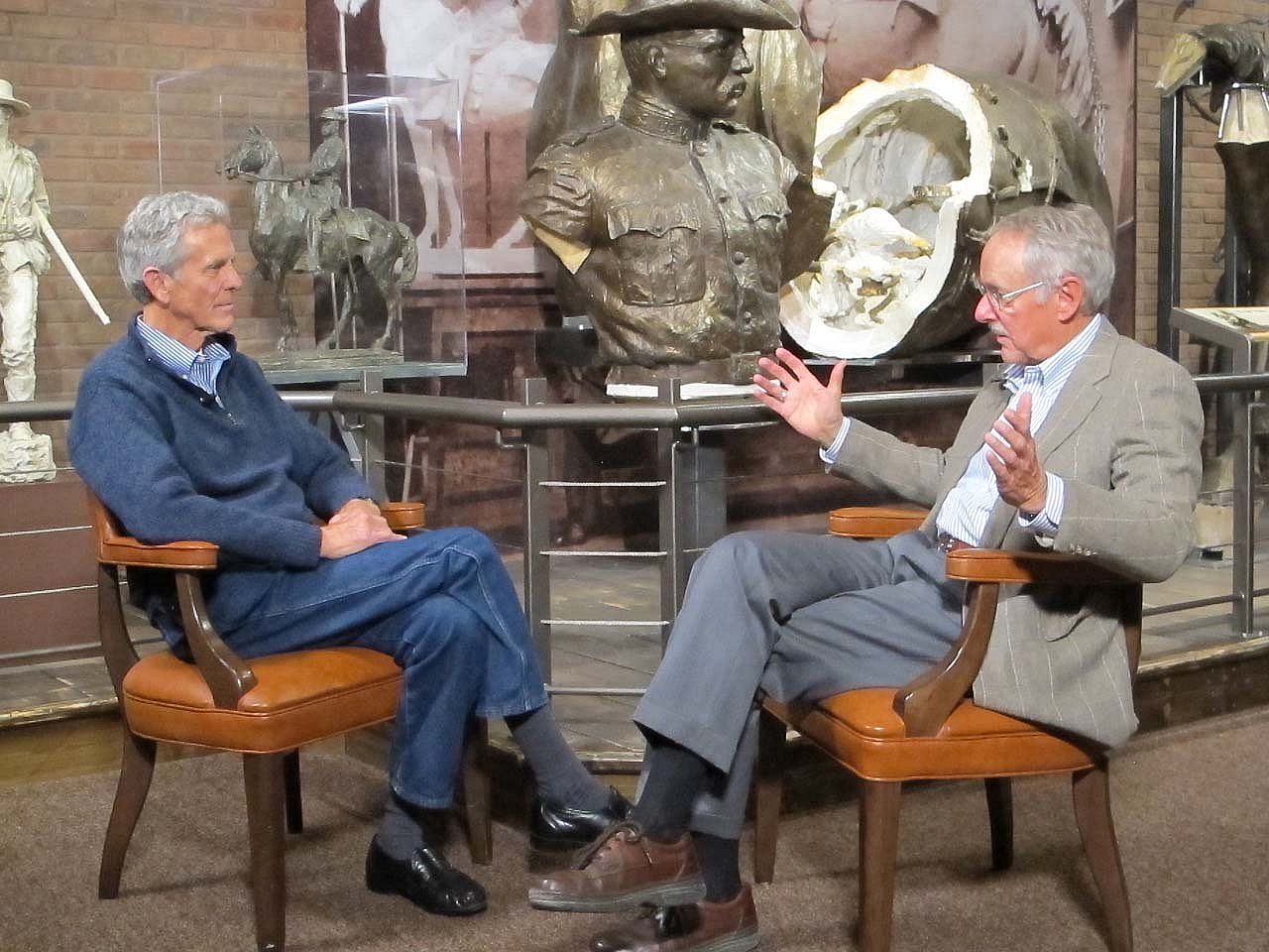 Peter Hassrick (right) interviews Sandy Church in the Proctor Studio re-creation in the Whitney Western Art Museum.
