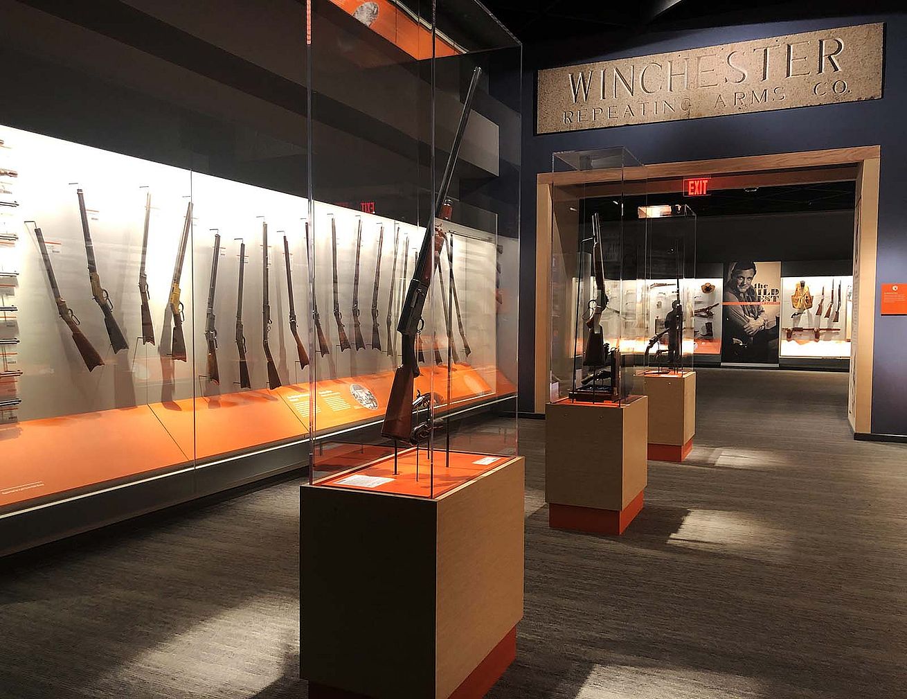 Firearms and the West gallery in the Cody Firearms Museum, with Winchester Factory lintel.