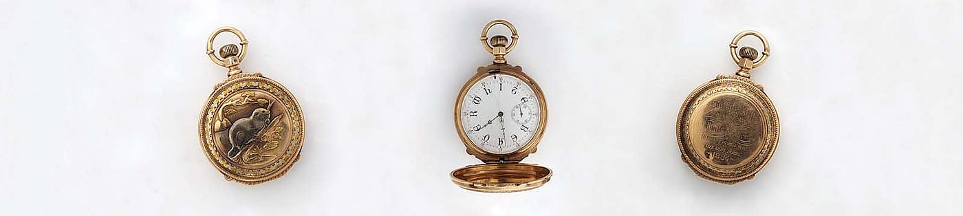 Three views of pocket watch given by William F. "Buffalo Bill" Cody to D. Frank "White Beaver" Powell, M.D., 1884. Museum Purchase, Garlow Memorial Fund. 1.69.2658