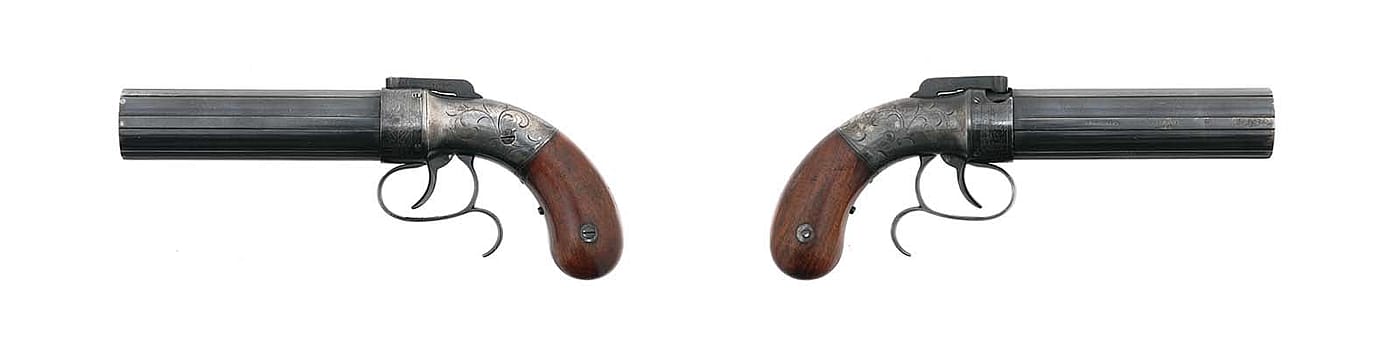 Pepperbox muzzle-loading repeater pistol with percussion lock and multiple barrel. Manufactured by Allen & Thurber, Worcester, Mass., 1847–1865. Gift of Olin Corporation, Winchester Arms Collection. 1988.8.2123