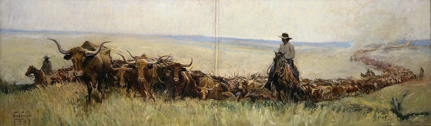 W.H.D. Koerner (1873-1938). "And So, Unemotionally, There Began One of the Wildest and Strangest Journeys Ever Made in Any Land," 1923. Oil on canvas, 22.25 x 72.25 inches. Museum purchase. 7.69