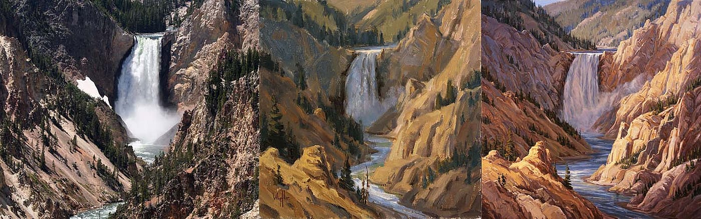 A photograph along with Kathy Wipfler's sketch and final painting of the Lower Falls of the Yellowstone, 2006. 9.07 and 10.07