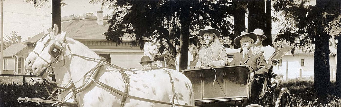 The "real" Buffalo Bill (left) and William Deveny, "Buffalo Bill of Portland," 1914. MS071 Vincent Mercaldo Collection. McCracken Research Library. P.71.1464 (detail)