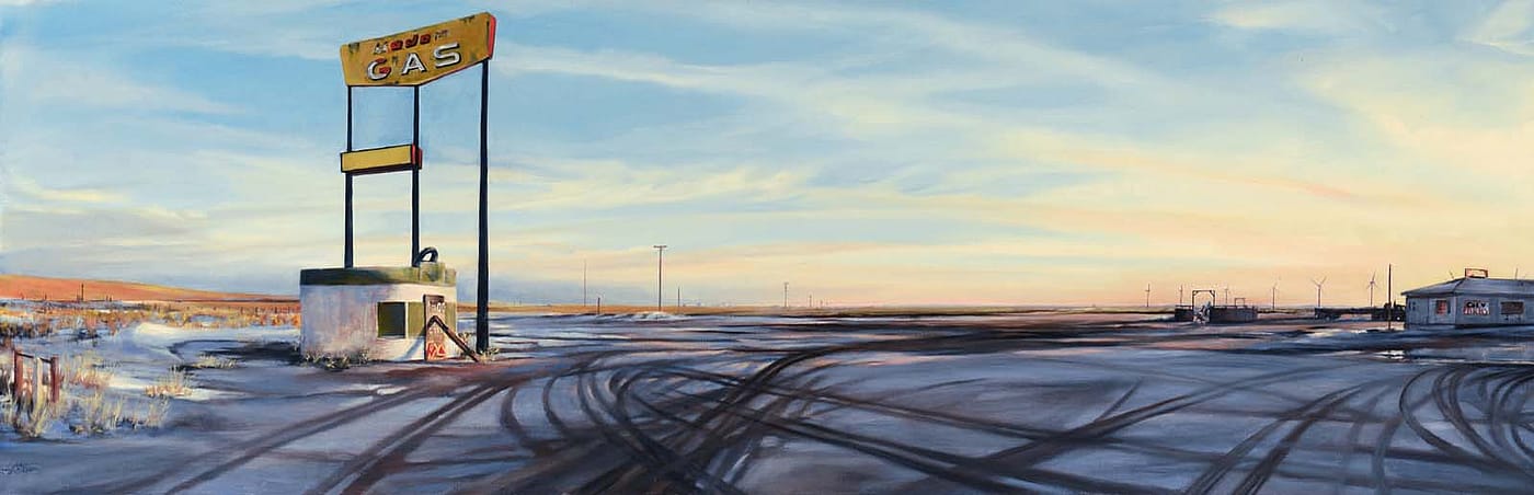 Don Stinson (b. 1956). I-80 Energy Romance, 2013. Oil on linen, 28 x 64 inches. Gift of The Alexander Bodini Foundation, in memory of Alexander Bodini. 15.13 (detail)