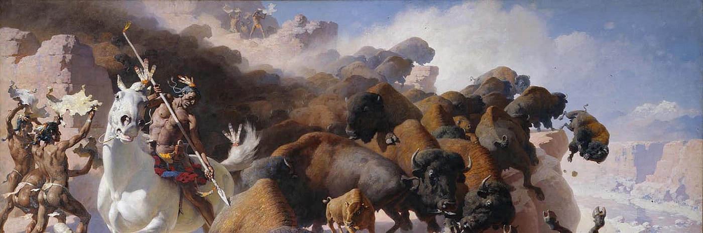 William R. Leigh (1866-1955). “Buffalo Drive,” 1947. Oil on canvas, 77.62 x 125.5 in. Acquired with donations from the Whitney Purchase Fund, William F. Davidson, The Coe Foundation and Corliss C. and Audrienne H. Moseley. 13.69 (detail)